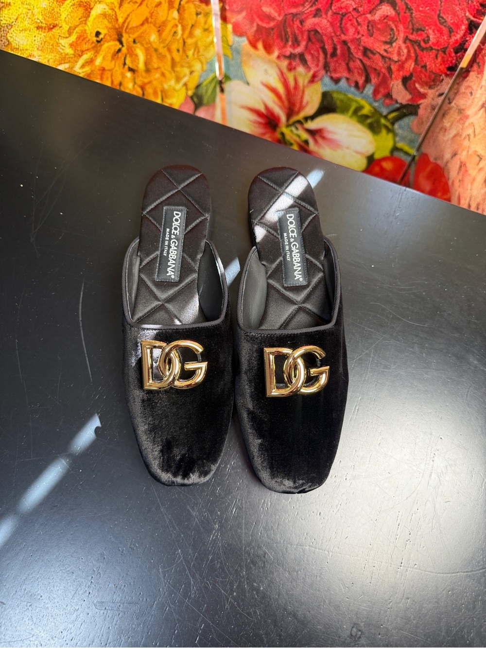 Dolce & Gabbana Black Velvet Backless Mules with Gold DG Emblem
